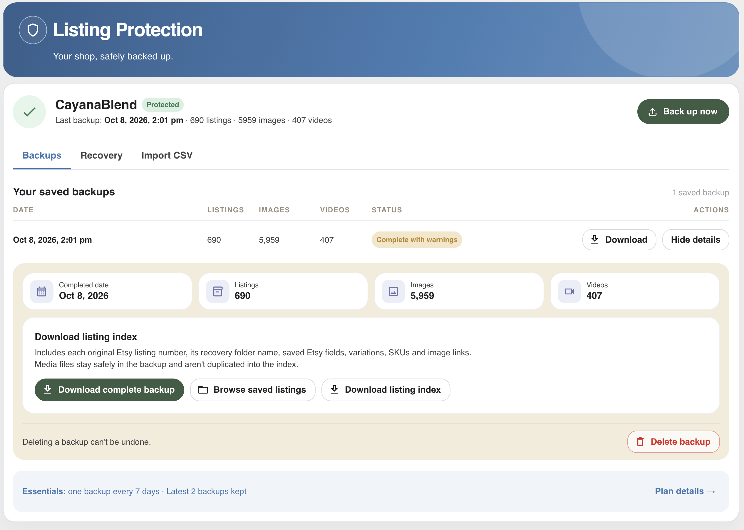 Cayana Listing Protection showing a saved shop backup with listing details, images and videos, and options to download or browse saved listings.